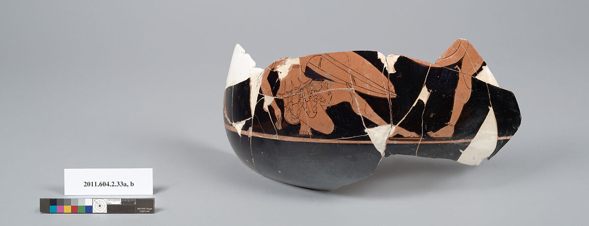 Terracotta fragments of a psykter (vase for cooling wine), Terracotta, Greek, Attic