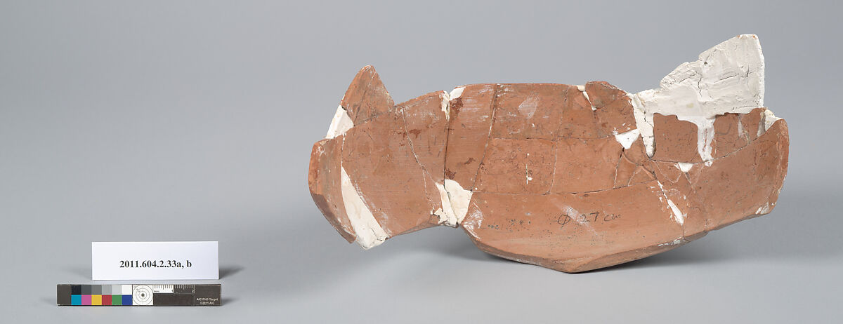Terracotta fragments of a psykter (vase for cooling wine), Terracotta, Greek, Attic