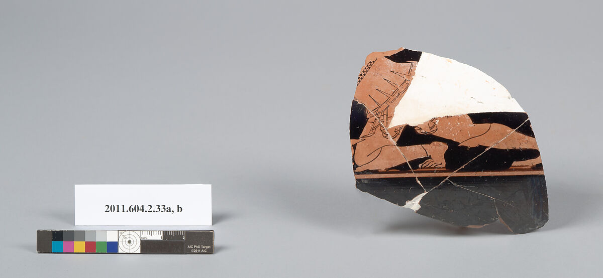 Terracotta fragments of a psykter (vase for cooling wine), Terracotta, Greek, Attic