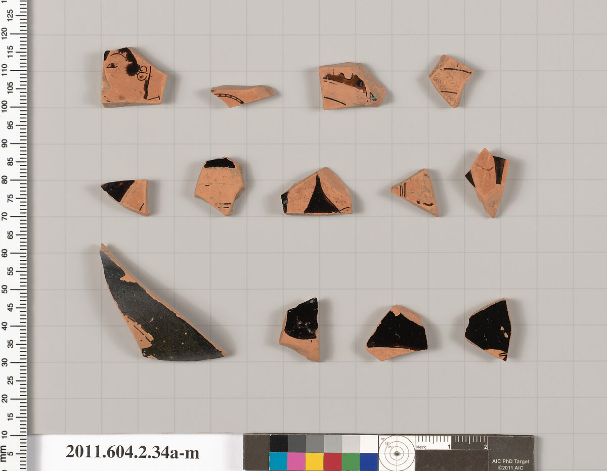 Terracotta fragments of a psykter? (vase for cooling wine), Terracotta, Greek, Attic 