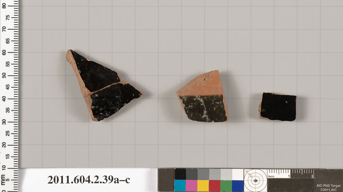 Terracotta fragments of a psykter (vase for cooling wine), Terracotta, Greek, Attic