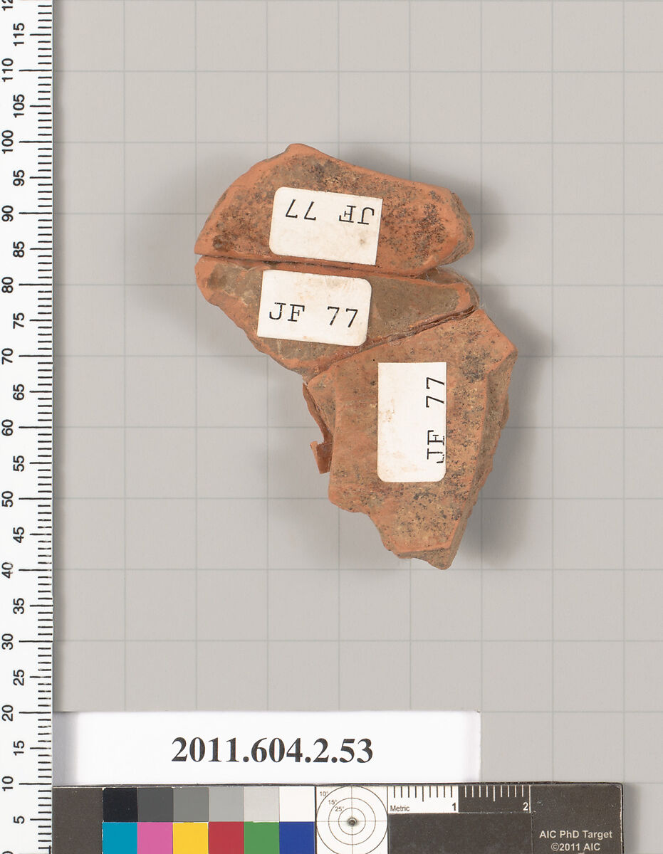Terracotta fragment of a pot, Terracotta, Greek, Attic