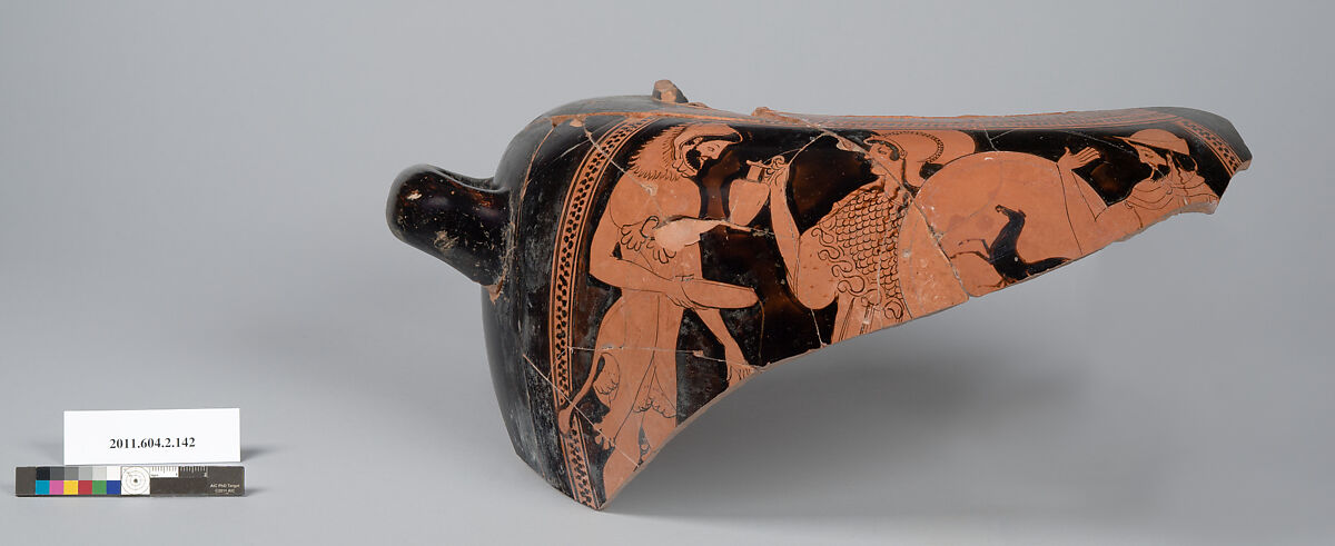 Terracotta fragment of a stamnos (jar), Terracotta, Greek, Attic 