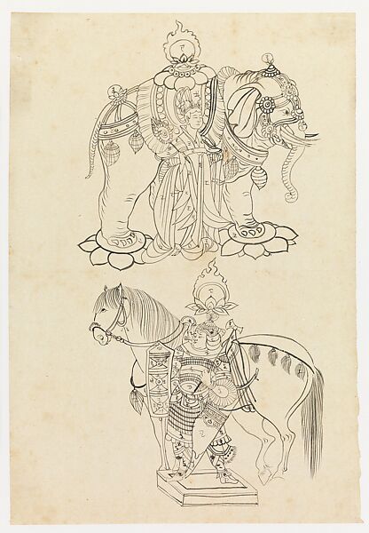 Lady with an Elephant and Guardian with a Horse, Xie Zhiliu (Chinese, 1910–1997), Drawing; ink on transparent paper, China 