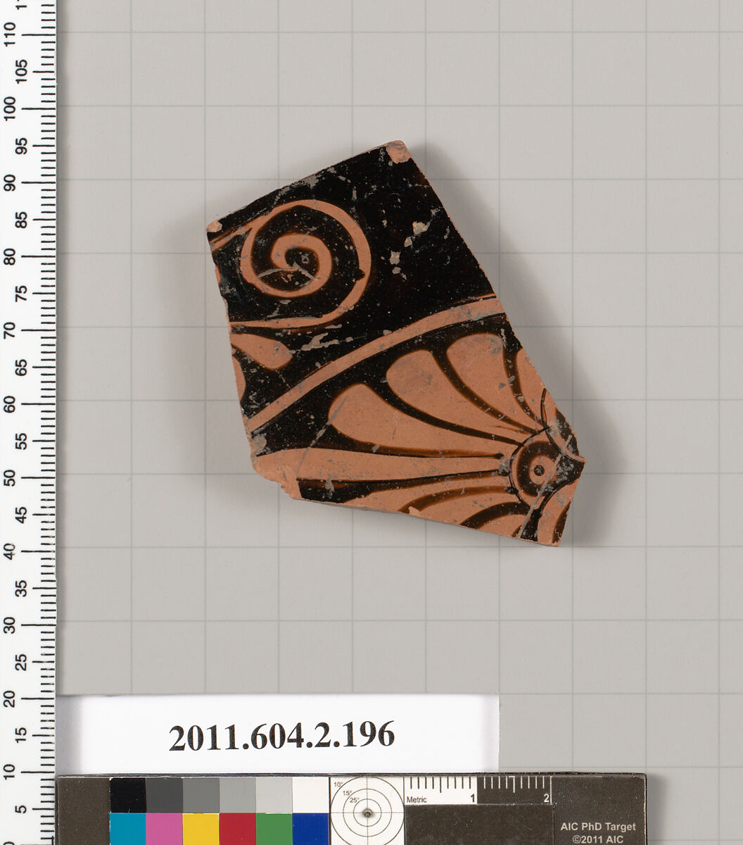 Terracotta fragment of a stamnos (jar), Terracotta, Greek, Attic 