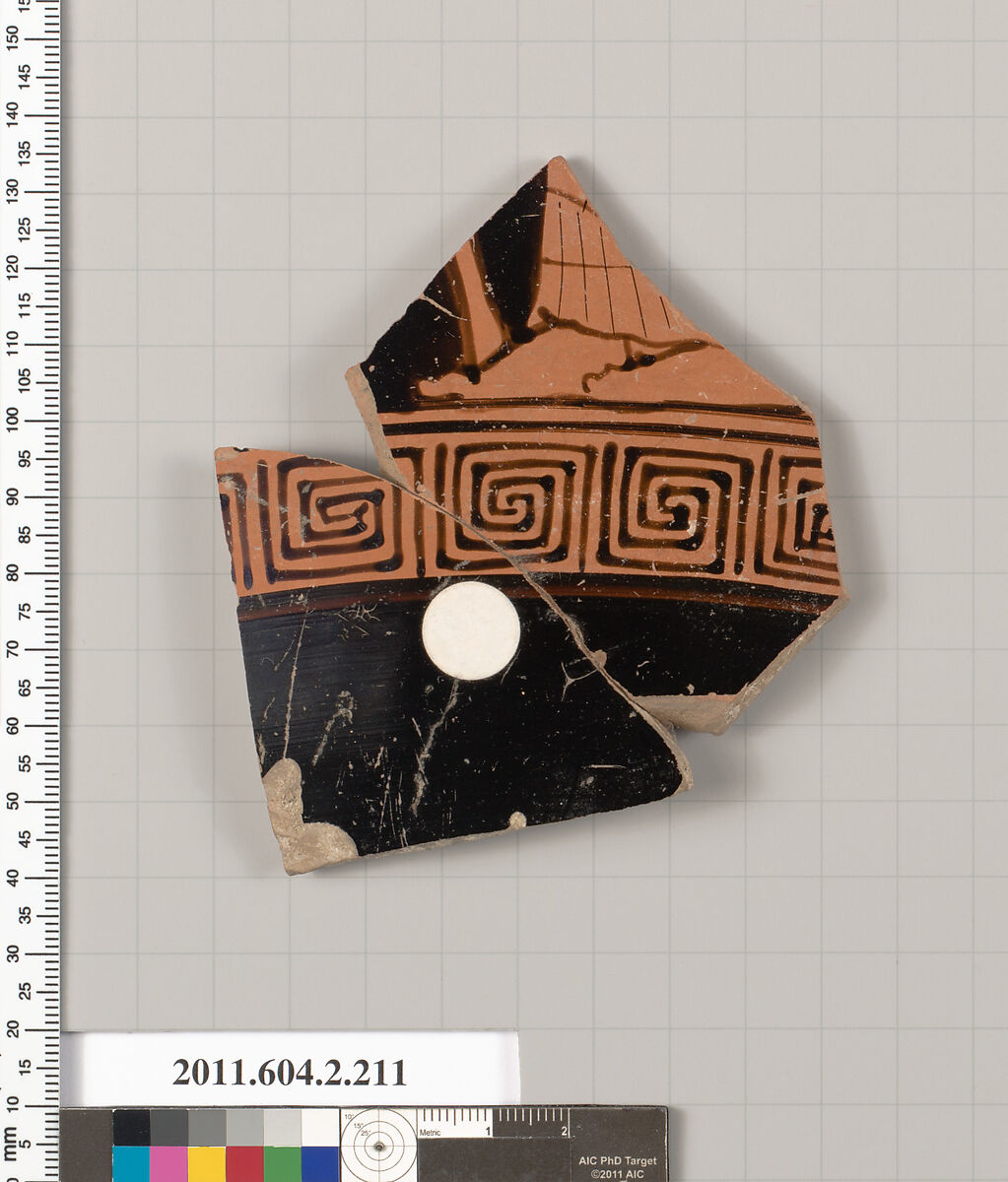Terracotta fragment of a stamnos (jar), Terracotta, Greek, Attic 