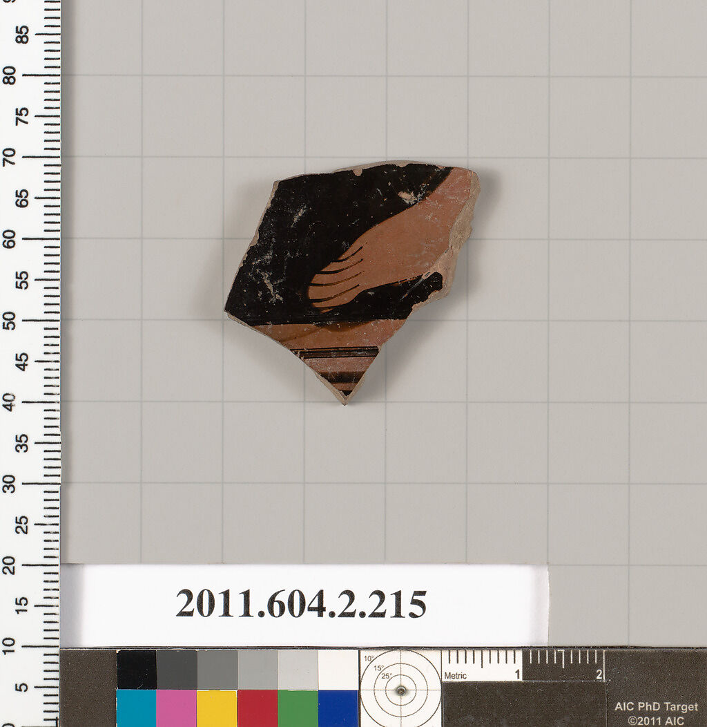 Terracotta fragment of a stamnos (jar), Terracotta, Greek, Attic 
