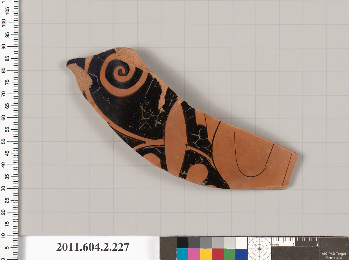 Terracotta fragment of a stamnos (jar), Terracotta, Greek, Attic 