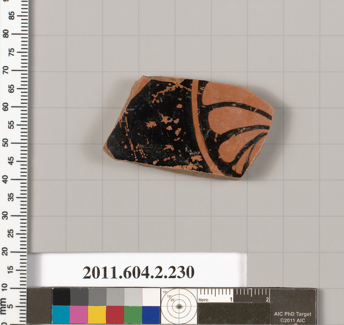 Terracotta fragment of a stamnos (jar), Terracotta, Greek, Attic 