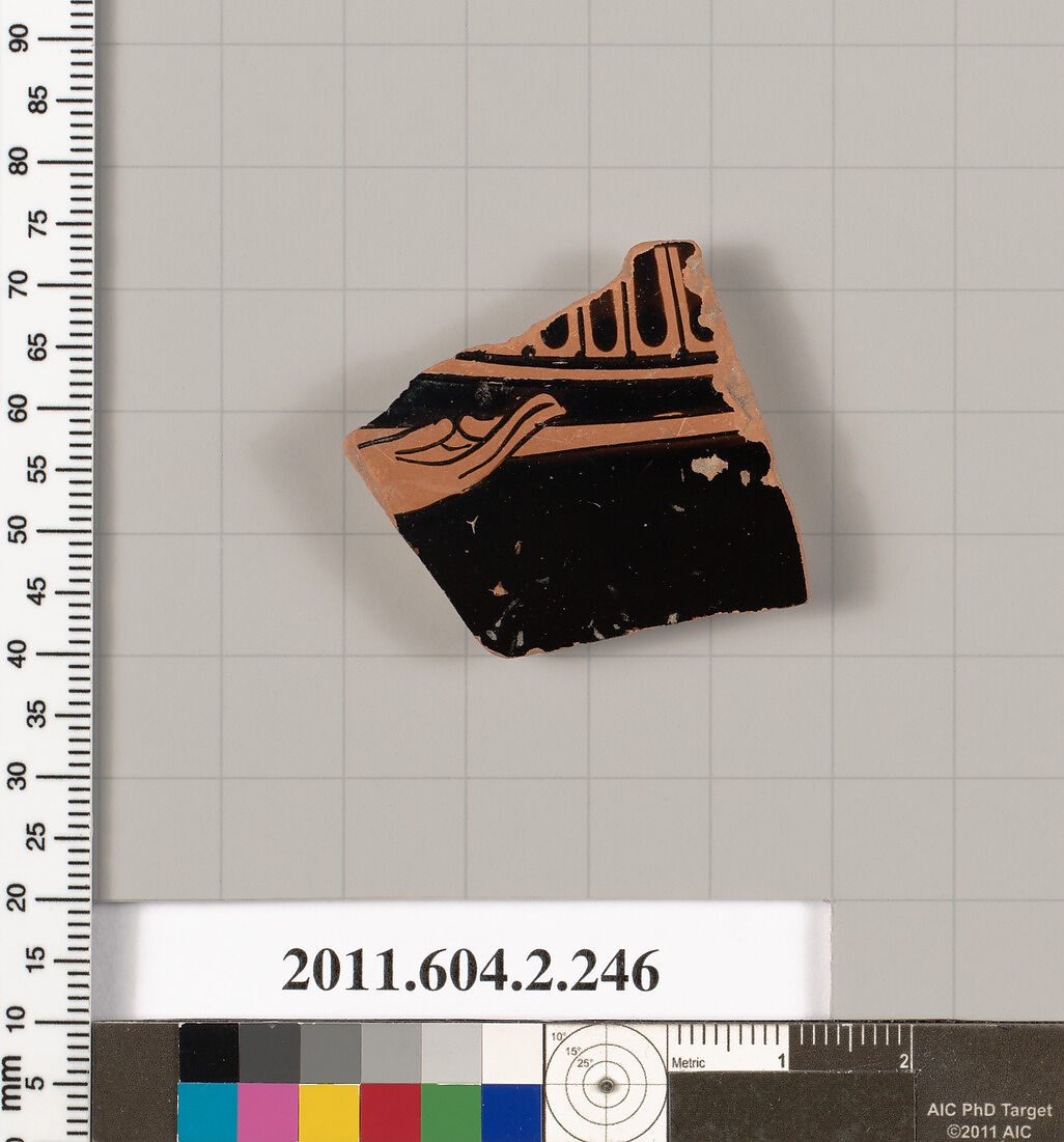 Terracotta fragment of a stamnos (jar), Terracotta, Greek, Attic 