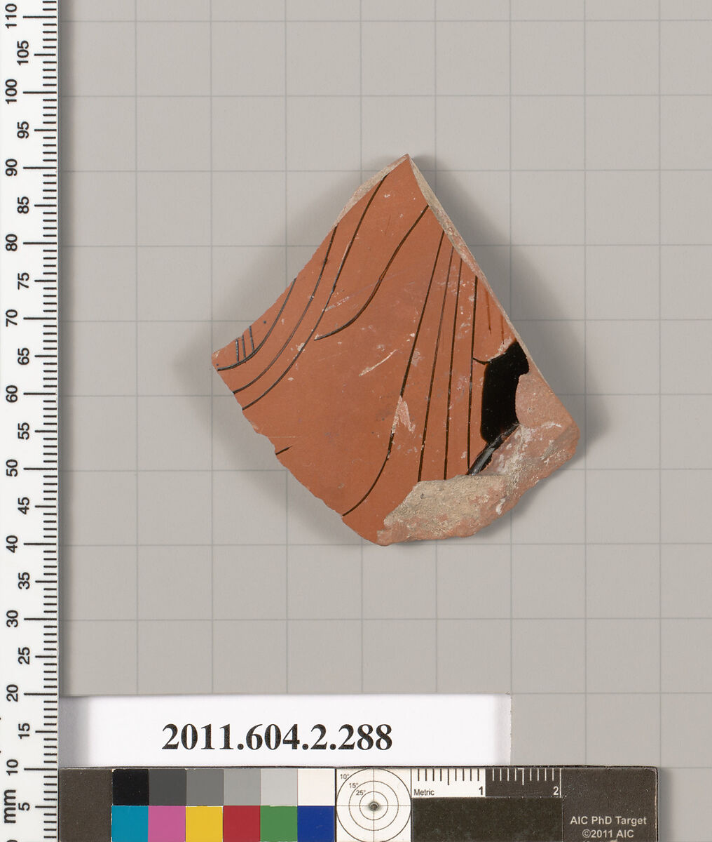 Terracotta fragment of a column-krater? (bowl for mixing wine and water), Terracotta, Greek, Attic 