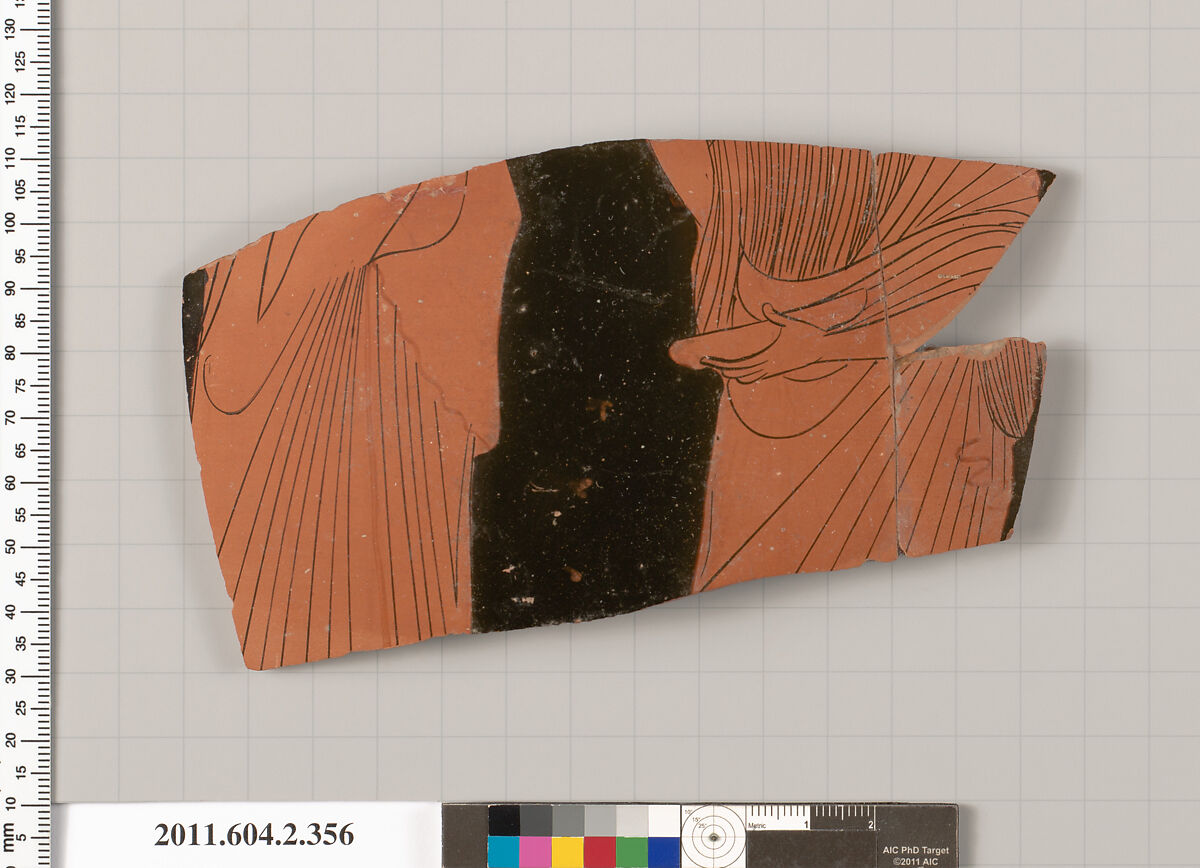 Terracotta fragment of a column-krater (bowl for mixing wine and water), Terracotta, Greek, Attic 