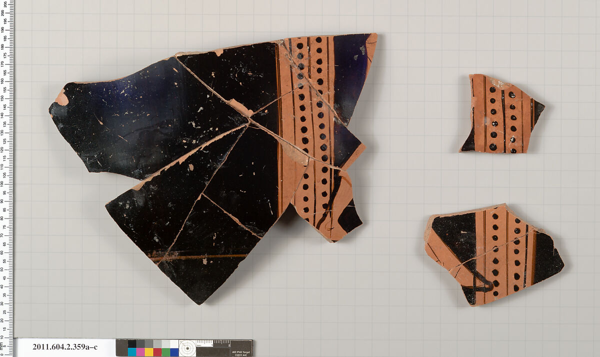 Terracotta fragments of a column-krater (bowl for mixing wine and water), Terracotta, Greek, Attic 