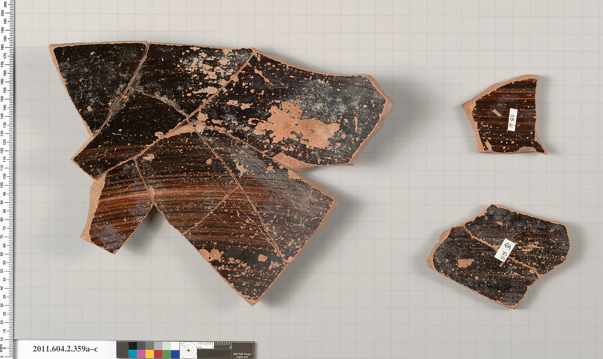 Terracotta fragments of a column-krater (bowl for mixing wine and water), Terracotta, Greek, Attic