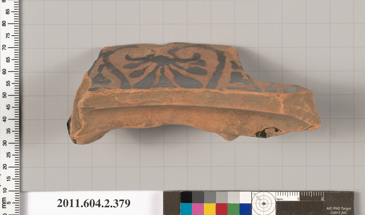 Terracotta fragment of a column-krater (bowl for mixing wine and water), Terracotta, Greek, Attic