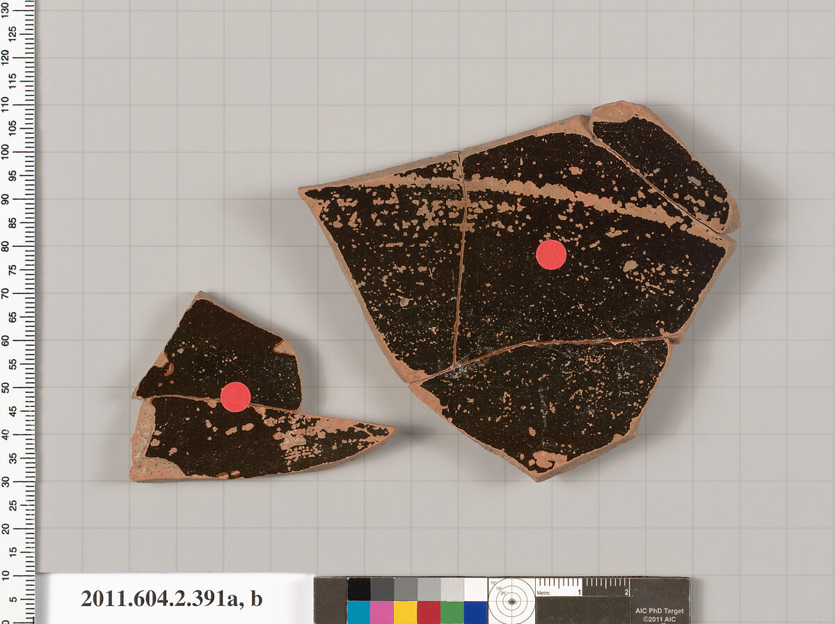Terracotta fragments of a column-krater (bowl for mixing wine and water), Terracotta, Greek, Attic