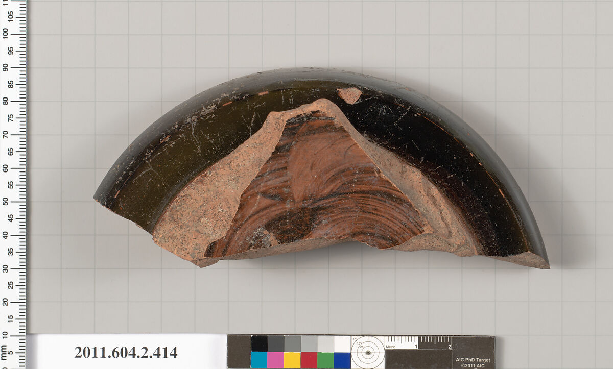 Terracotta fragment of a column-krater (bowl for mixing wine and water), Terracotta, Greek, Attic 