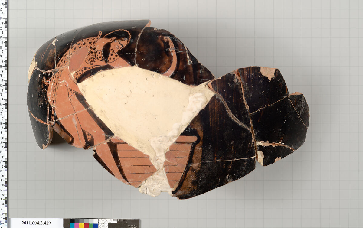 Terracotta fragment of a column-krater (bowl for mixing wine and water), Terracotta, Greek, Attic 
