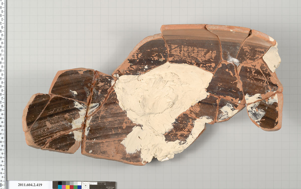 Terracotta fragment of a column-krater (bowl for mixing wine and water), Terracotta, Greek, Attic