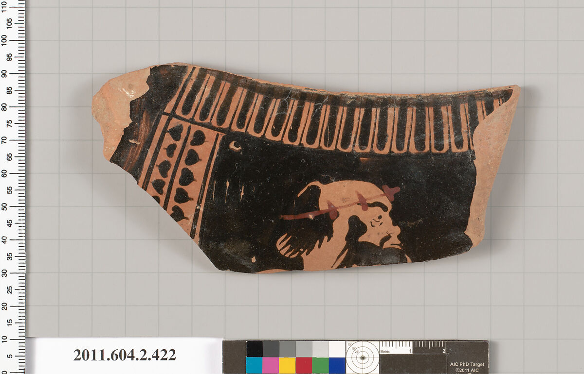 Terracotta fragment of a column-krater (bowl for mixing wine and water), Terracotta, Greek, Attic 