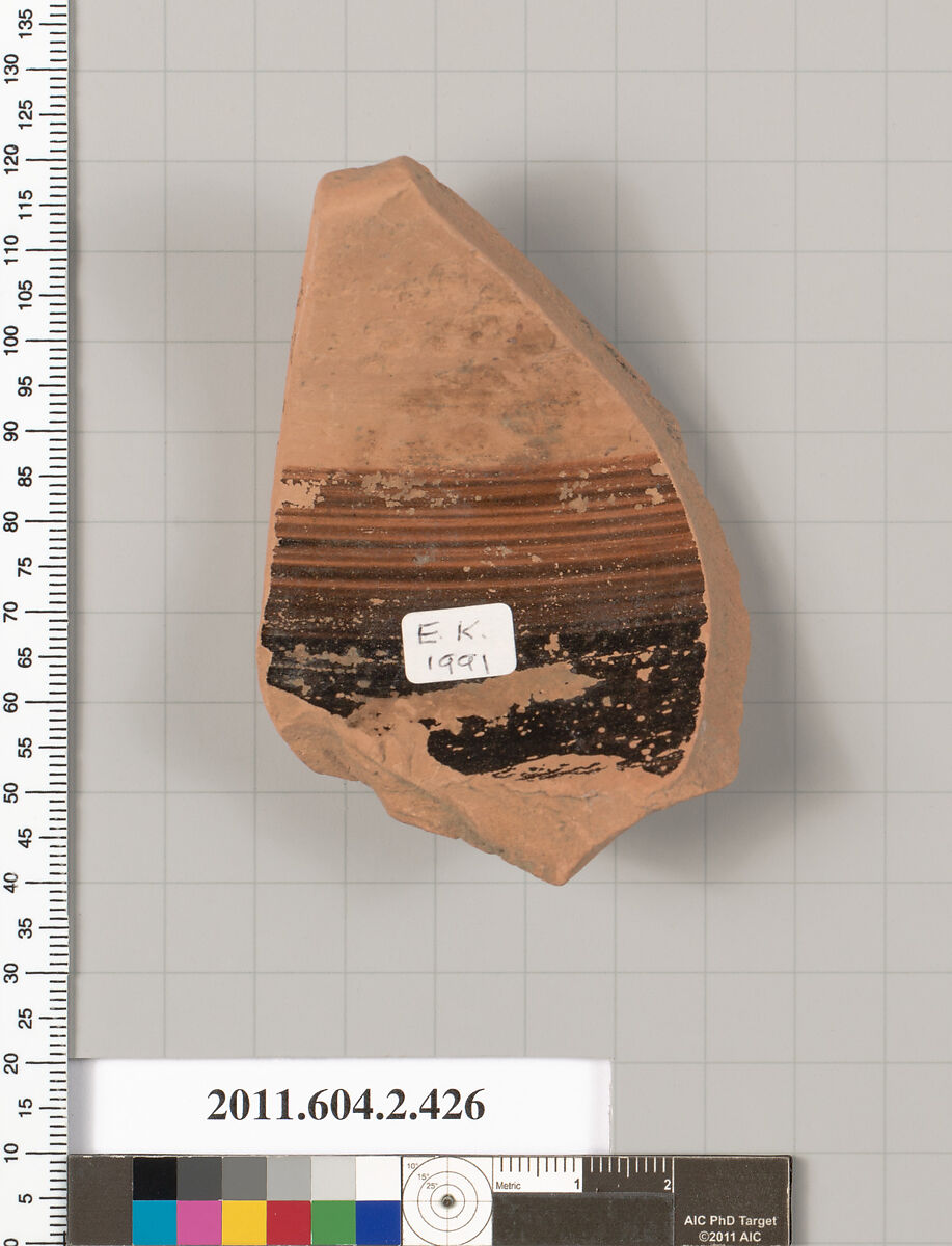 Terracotta fragment of a column-krater (bowl for mixing wine and water), Terracotta, Greek, Attic