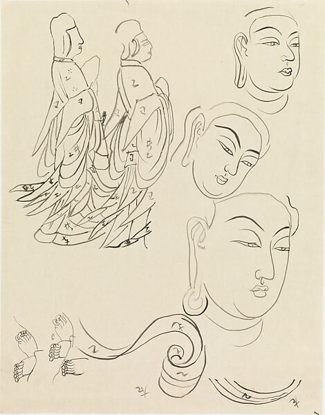 Sketches of Heads, Xie Zhiliu (Chinese, 1910–1997), Drawing; ink on transparent paper, China 