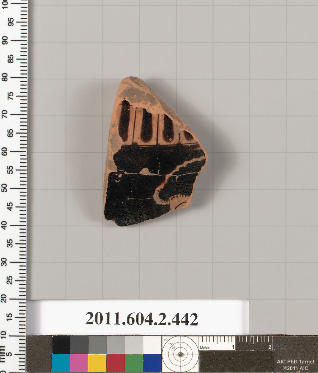 Terracotta fragment of a stamnos (jar), Terracotta, Greek, Attic 