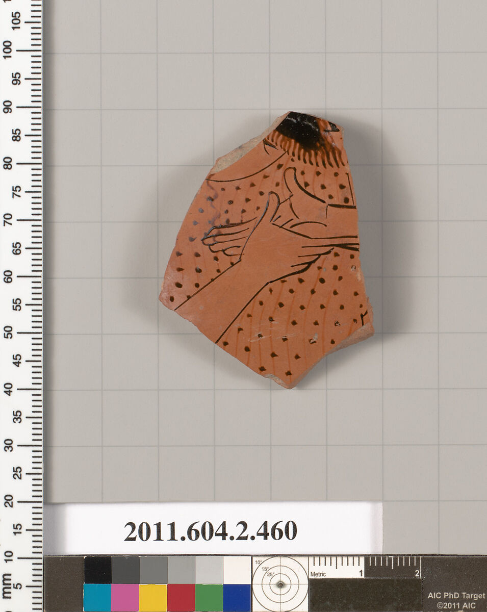 Terracotta fragment of a column-krater (bowl for mixing wine and water), Terracotta, Greek, Attic 