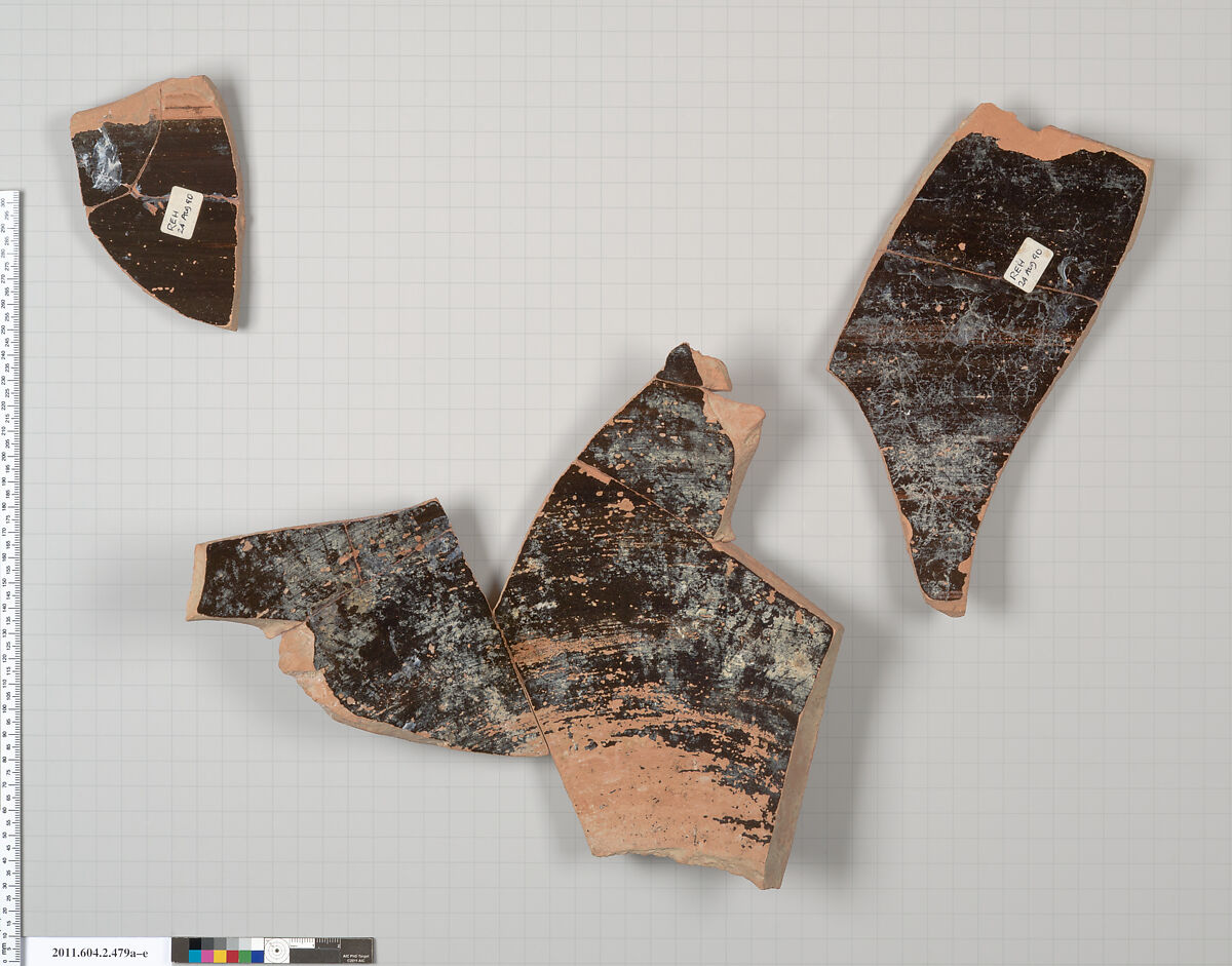 Terracotta fragments of a column-krater (bowl for mixing wine and water), Terracotta, Greek, Attic