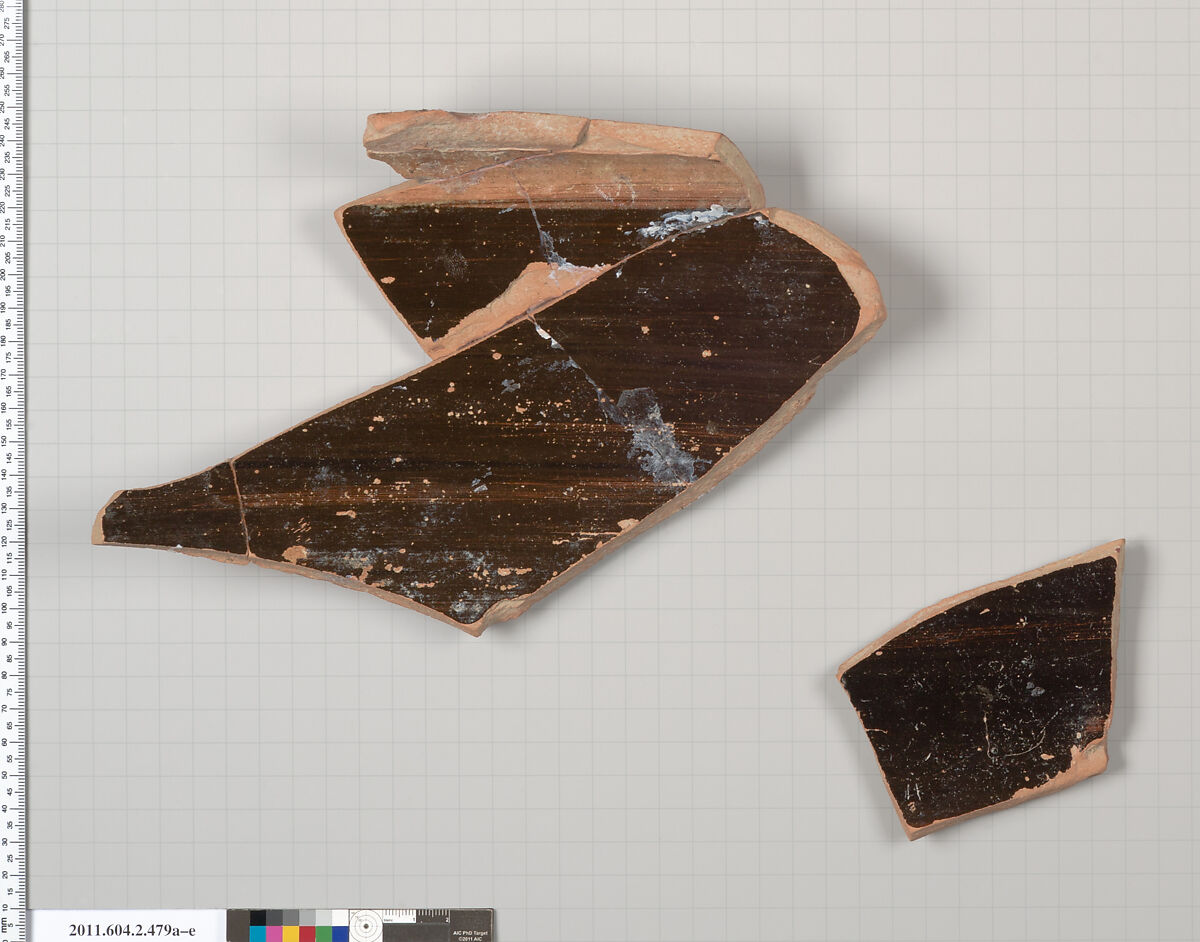 Terracotta fragments of a column-krater (bowl for mixing wine and water), Terracotta, Greek, Attic