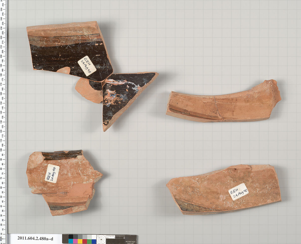 Terracotta fragments of a column-krater (bowl for mixing wine and water), Terracotta, Greek, Attic