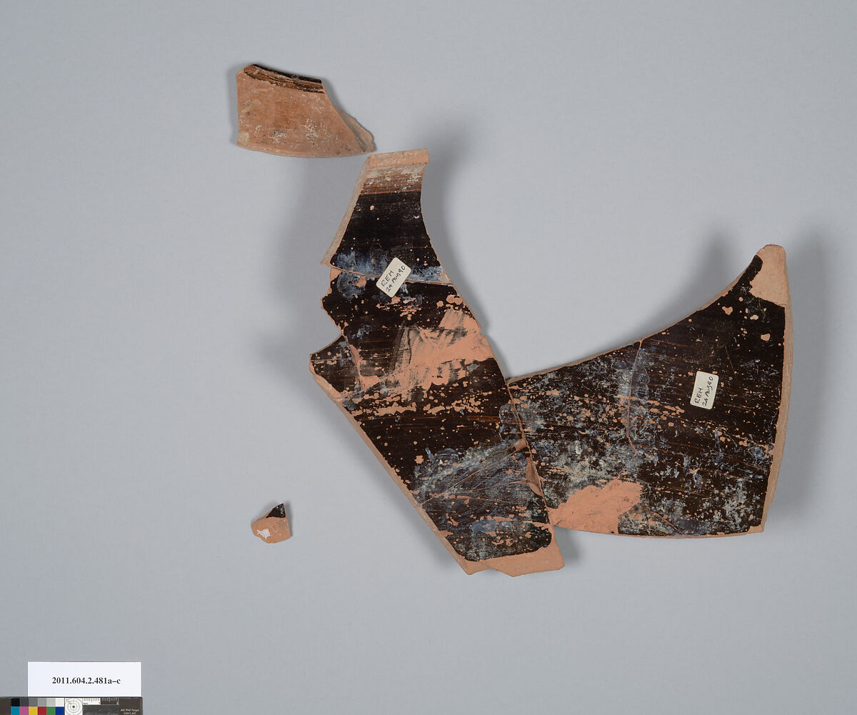 Terracotta fragments of a column-krater (bowl for mixing wine and water), Terracotta, Greek, Attic