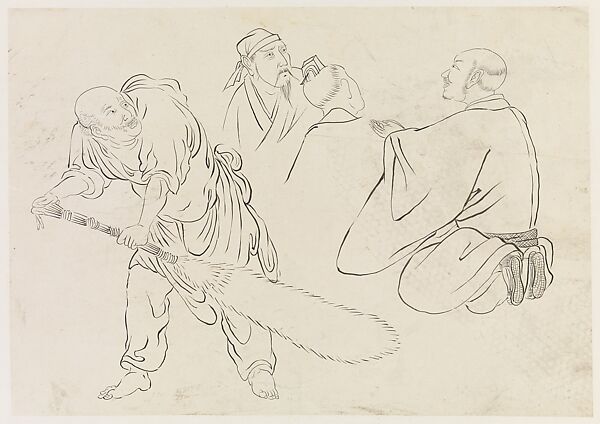 Bodhidharma and Luohans, after Liang Kai's "Eight Eminent Monks", Xie Zhiliu (Chinese, 1910–1997), Drawing; ink on tracing paper, China 
