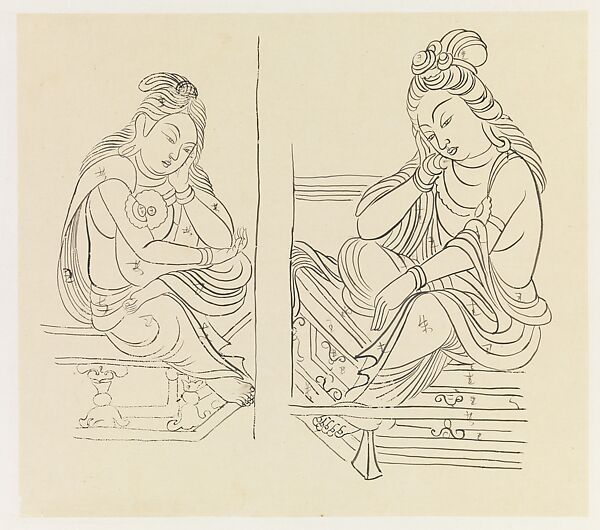 Pensive bodhisattvas, Xie Zhiliu (Chinese, 1910–1997), Drawing; ink on transparent paper, China 
