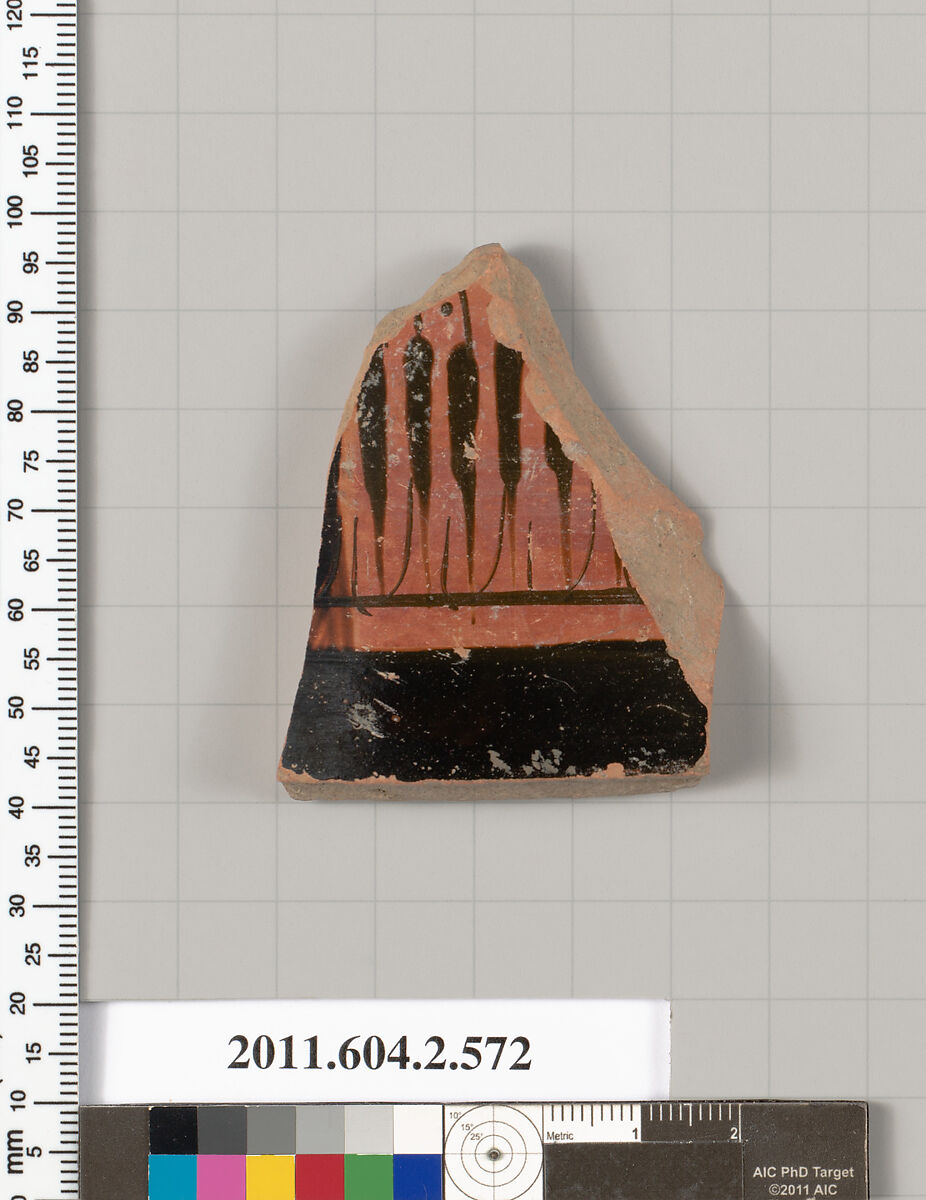 Terracotta fragment of a column-krater (bowl for mixing wine and water), Terracotta, Greek, Attic 