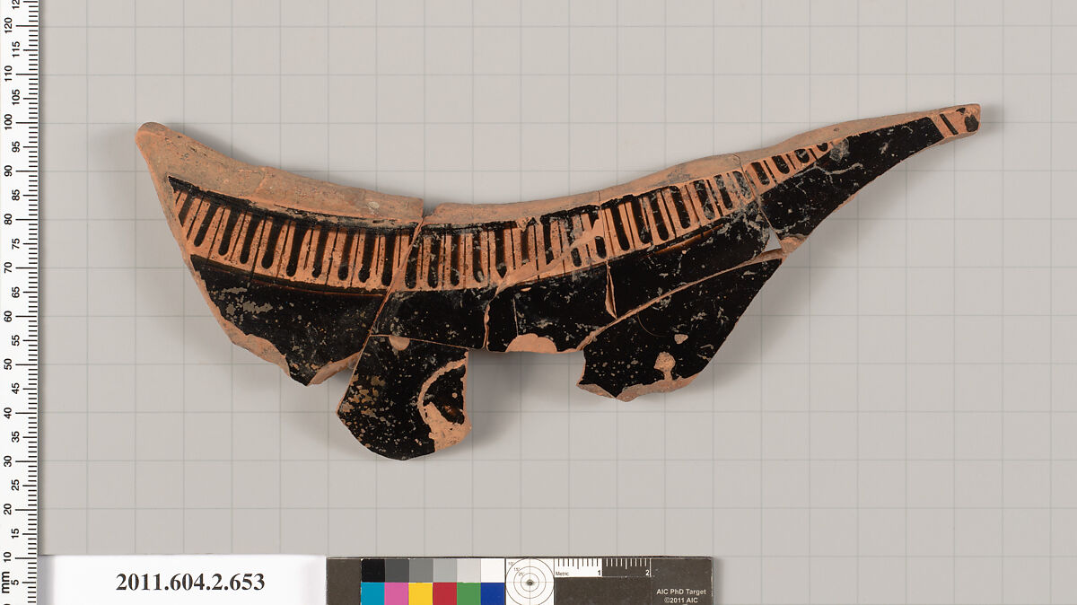 Terracotta fragment of a stamnos (jar) or a column-krater (bowl for mixing wine and water), Terracotta, Greek, Attic 