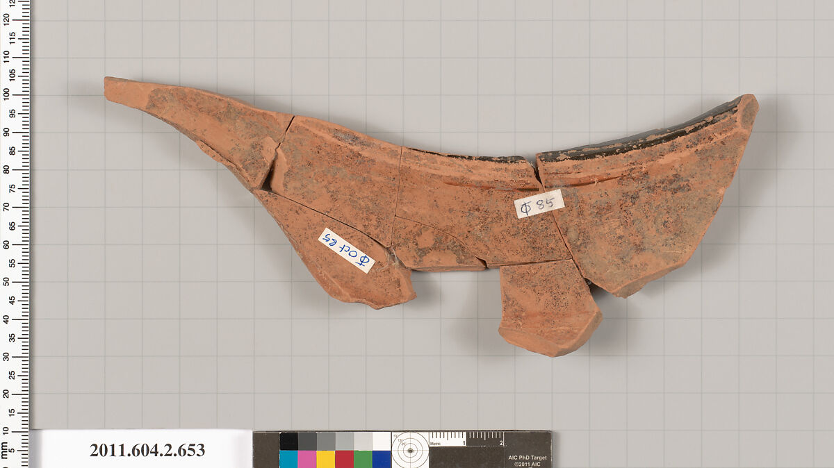 Terracotta fragment of a stamnos (jar) or a column-krater (bowl for mixing wine and water), Terracotta, Greek, Attic