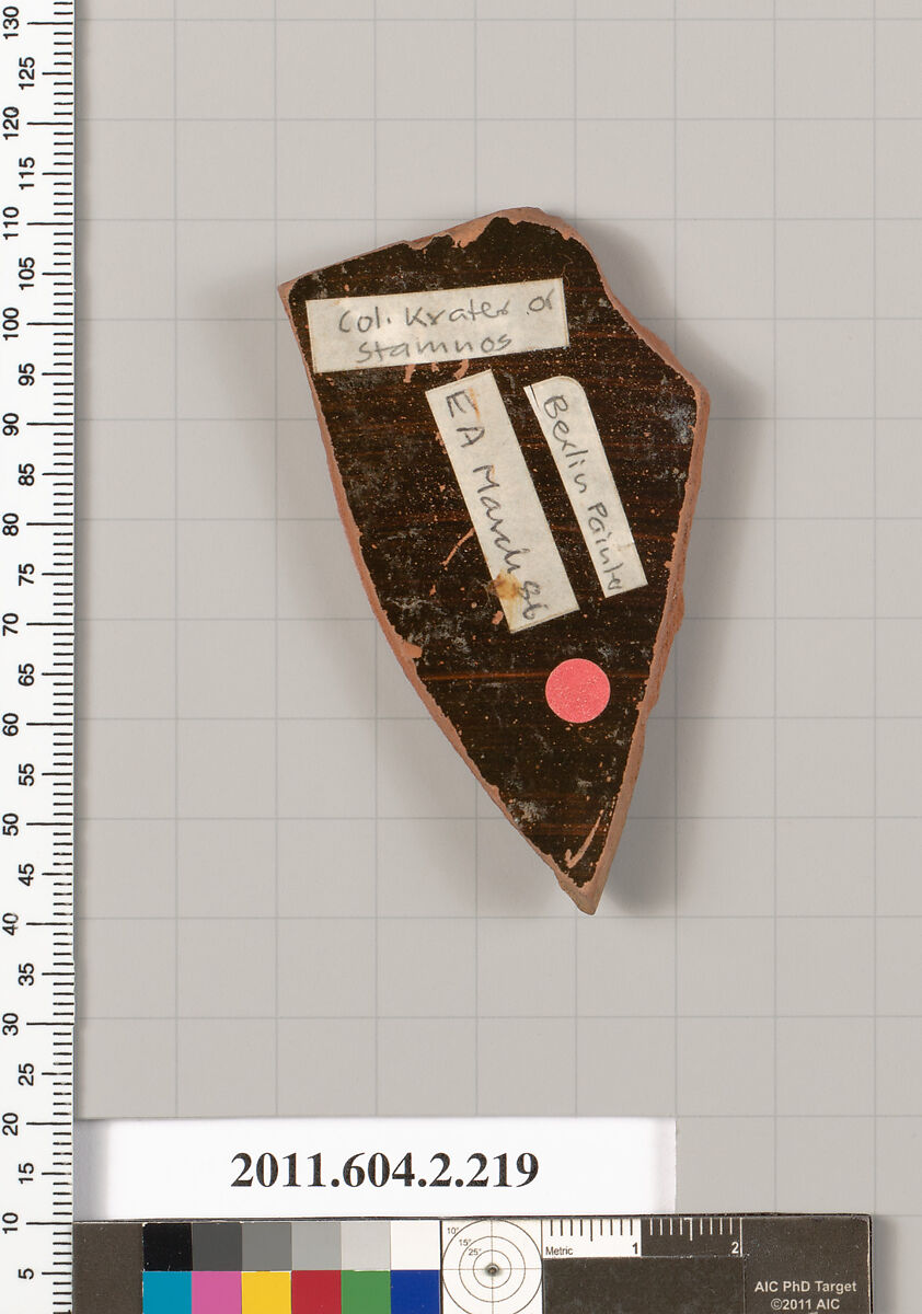 Terracotta fragment of a column-krater (bowl for mixing wine and water) or stamnos (jar), Attributed to the Berlin Painter [DvB], Terracotta, Greek, Attic