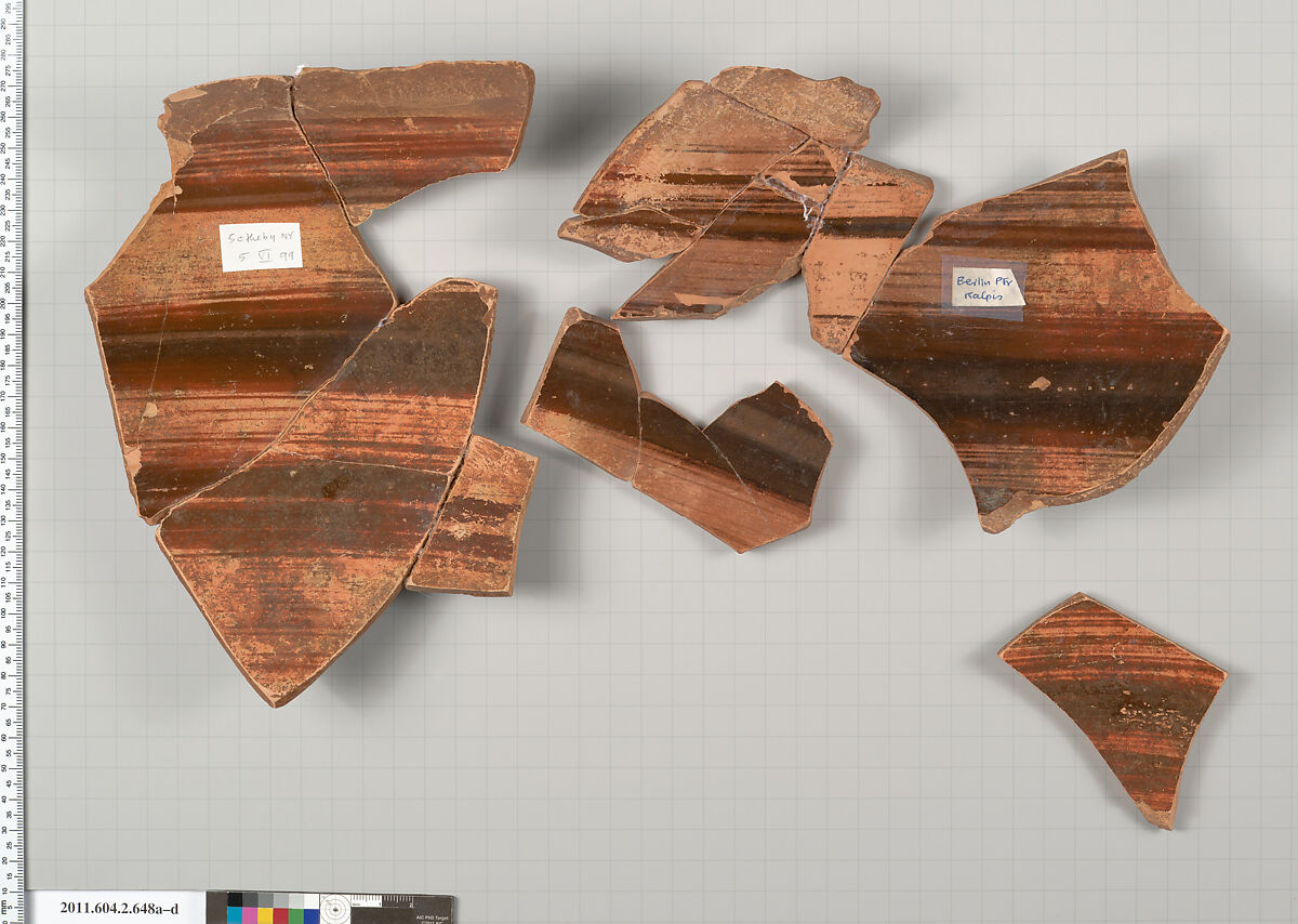 Terracotta fragment of a hydria: kalpis (water jar), Attributed to the Berlin Painter [DvB], Terracotta, Greek, Attic