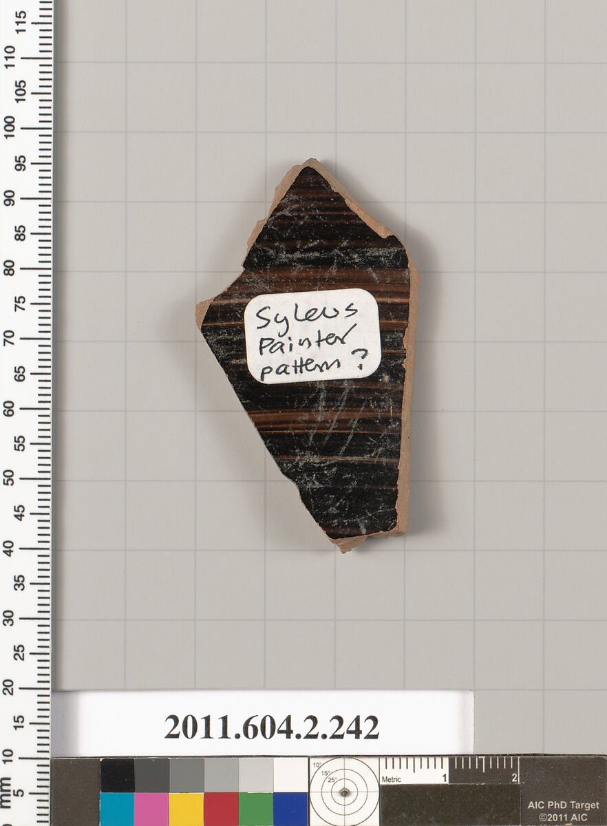 Terracotta fragment of a stamnos (jar), Attributed to the Syleus Painter [DvB], Terracotta, Greek, Attic