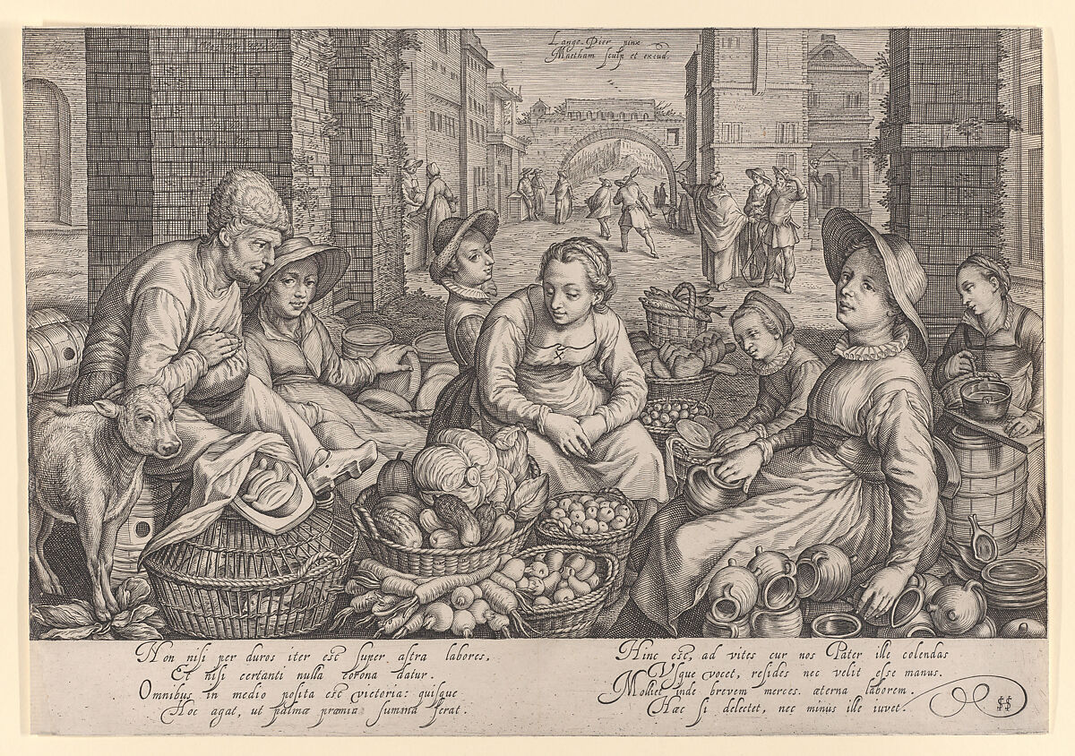 Market Scene in City with the Parable of the Laborers in the Vineyard in the Background, Jacob Matham (Netherlandish, Haarlem 1571–1631 Haarlem) 