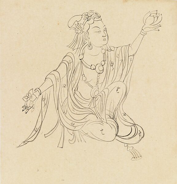 Attendant with Lotuses, Xie Zhiliu (Chinese, 1910–1997), Drawing; ink on transparent paper, China 