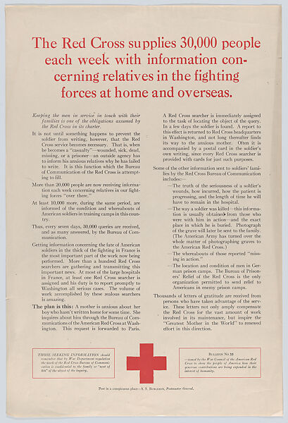 Issued by War Council of the American Red Cross | The Red Cross supplies people with information | Metropolitan Museum of Art