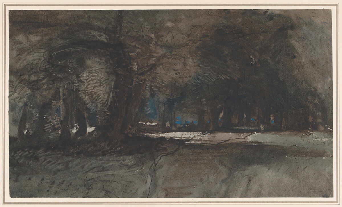 A woodland scene at dusk (recto); A study of trees and foliage (verso), William James Müller (British, Bristol 1812–1845 Bristol), Watercolor and gouache (bodycolor) over graphite, with reductive techniques, stopping out, and gum arabic on blue-gray paper 