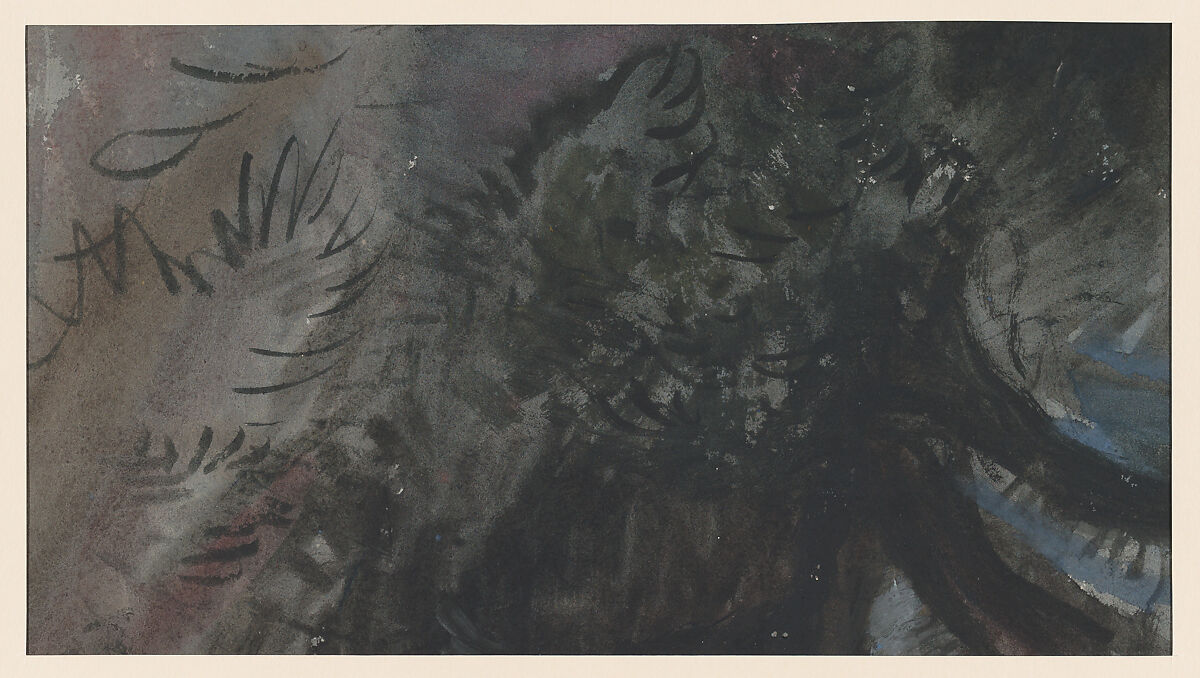 A woodland scene at dusk (recto); A study of trees and foliage (verso), William James Müller (British, Bristol 1812–1845 Bristol), Watercolor and gouache (bodycolor) over graphite, with reductive techniques, stopping out, and gum arabic on blue-gray paper