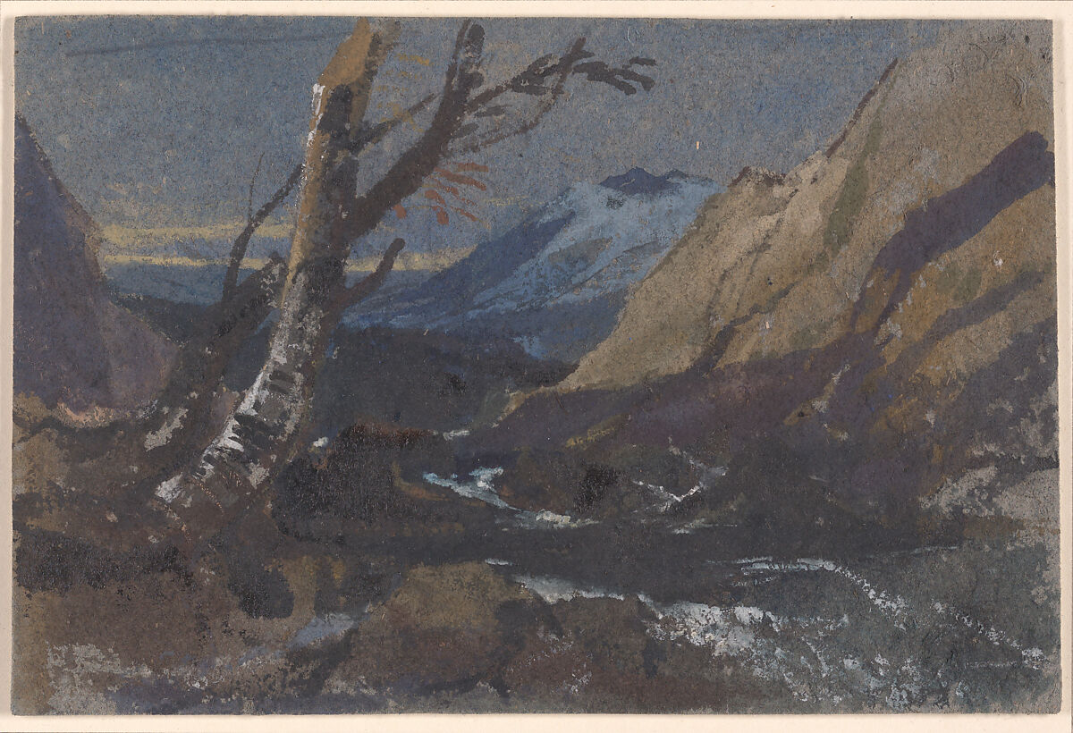 Study of trees by a mountain stream, William James Müller (British, Bristol 1812–1845 Bristol), Watercolor and gouache (bodycolor) over graphite, with reductive techniques, stopping out, and gum arabic on blue-gray card 