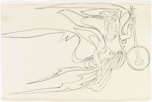 Flying Celestial (Apsara) with Musical Instrument, Xie Zhiliu (Chinese, 1910–1997), Unmounted drawing; ink on glassine, China 