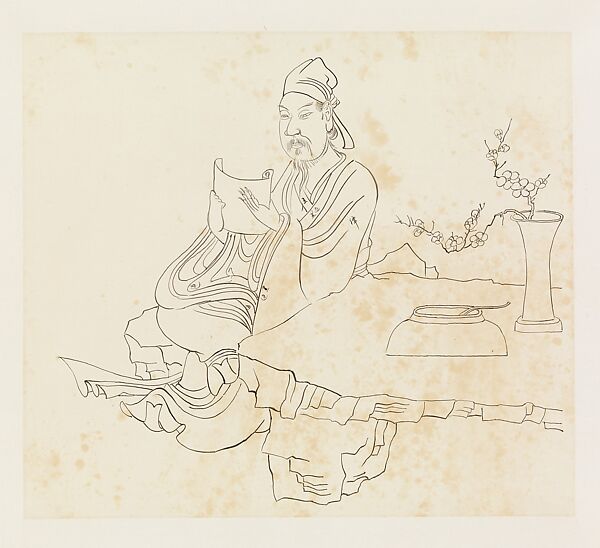 Gentleman Seated at a Stone Table, after Chen Hongshou, Xie Zhiliu (Chinese, 1910–1997), Drawing; ink on transparent paper, China 