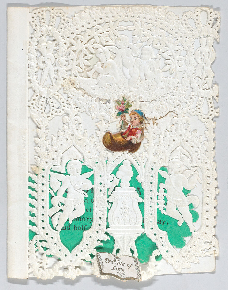 Valentine, Anonymous, Cameo-embossed, open-work lace paper, chromolithography, colored paper, graphite 