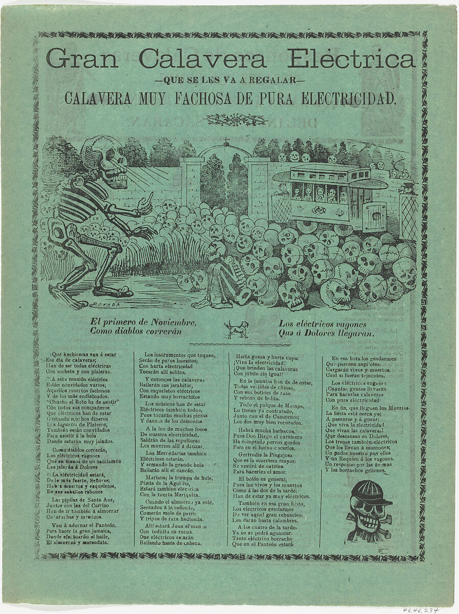 The grand electric skeleton, a large skeleton is hypnotizing a group of skulls and a sitting skeleton, an electric street car in the background, José Guadalupe Posada (Mexican, Aguascalientes 1852–1913 Mexico City), Zincograph, type-metal engraving and letterpress on green paper 